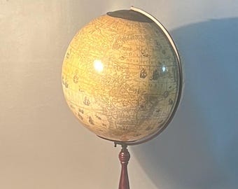 17th Century Replica World Globe Jodocus Hondius Style On Stand With Illustrations