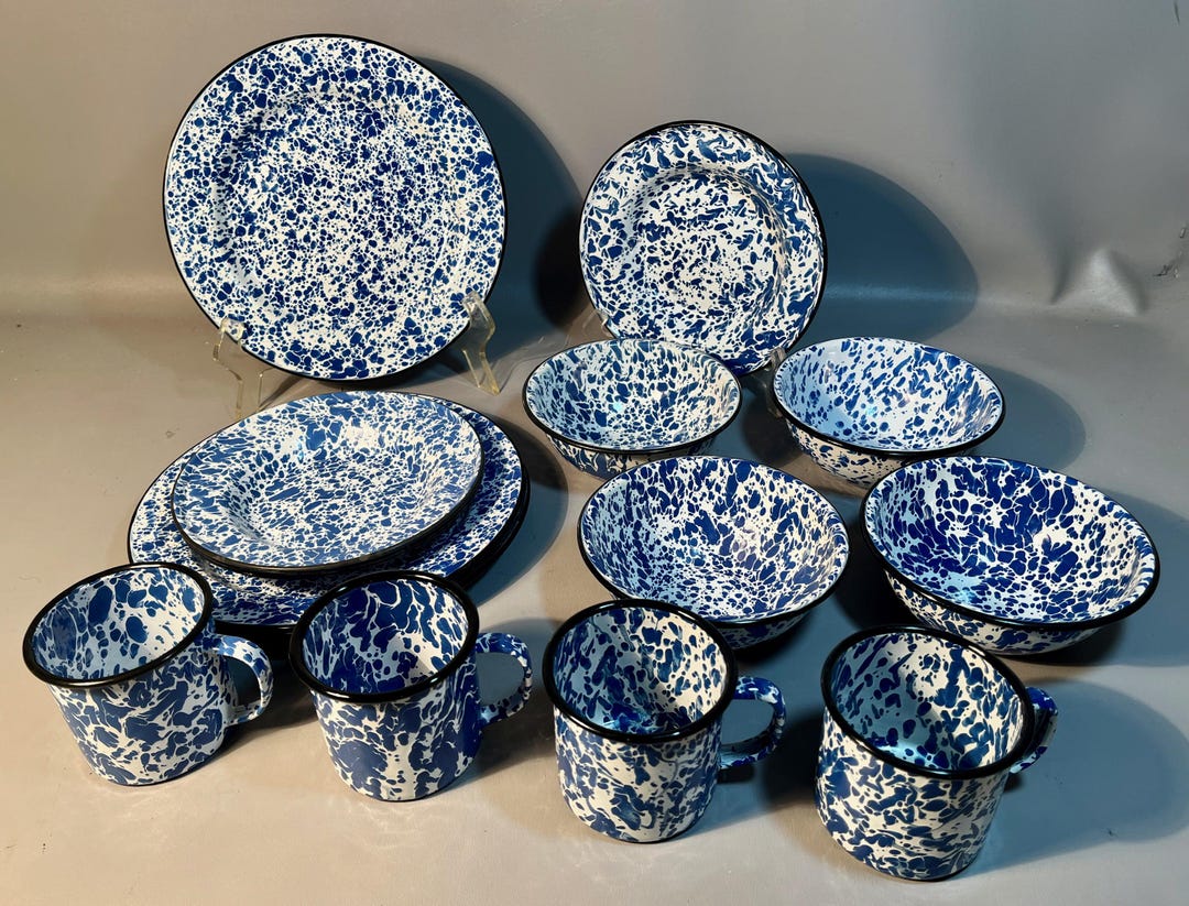 Set 16 Pieces Enamelware Blue & White Swirl Spatterware by CGS 4 Mugs 4 ...