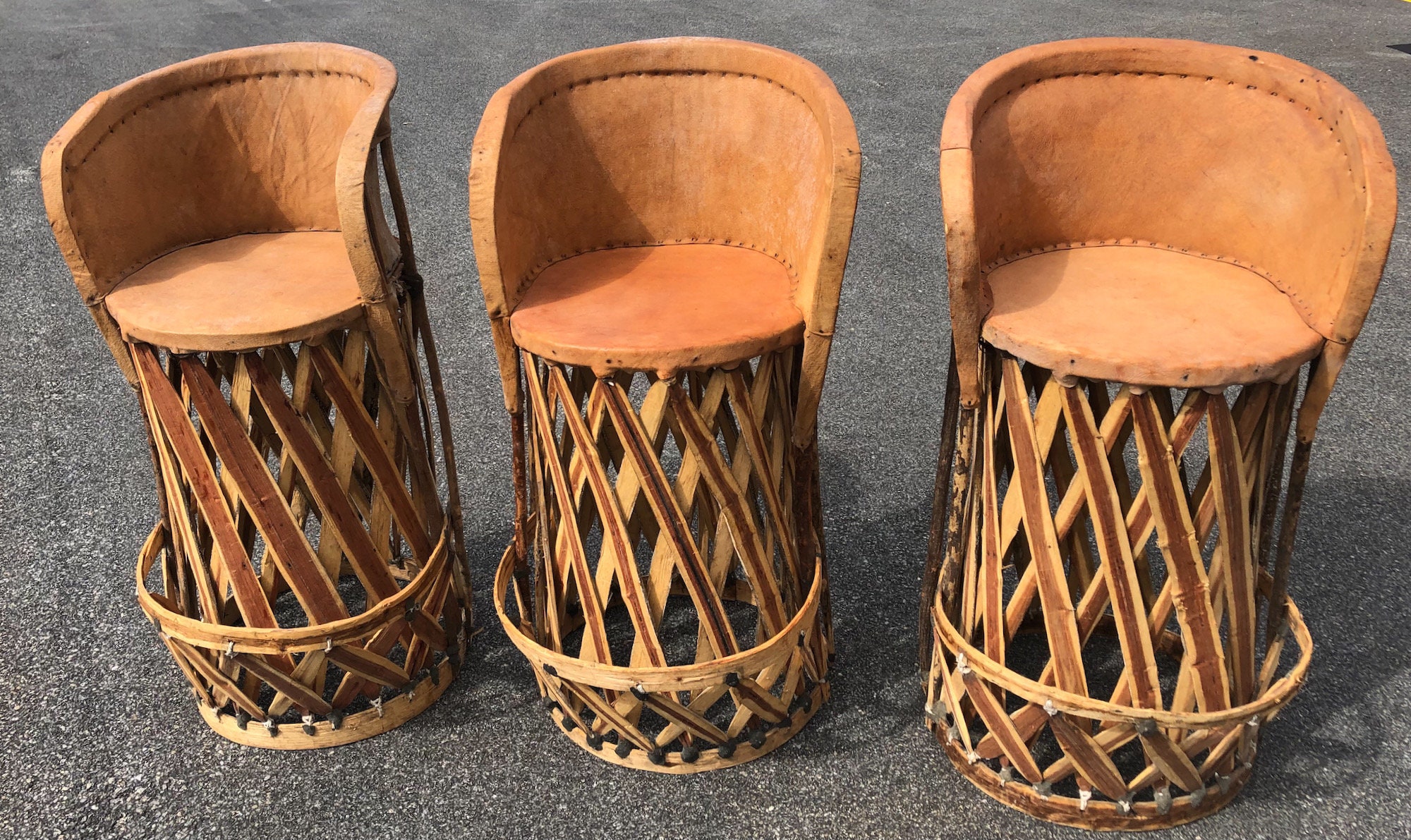 Set Of 3 Mexican Equipale Bar Stools Hand Crafted From Tanned Etsy