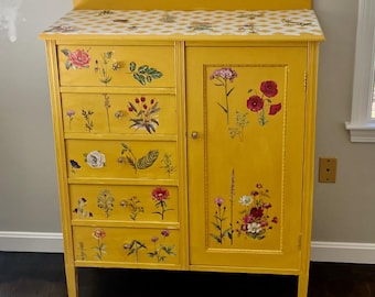 Farmhouse Chic Chiffonier Dresser Hand Painted With Applied Wildflowers *Shipping is NOT free. Ask for cost to ship.*