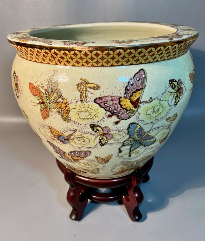 Chinese Satsuma Lg Planter Fish Bowl & Stand Painted With Etsy