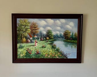 W. Hodges Signed Oil Painting on Canvas River Cottage Floral Landscape *Shipping is NOT free. Ask for lower UPS shipping cost.*