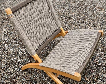 Hans Wegner Style Chair Woven Rope Beechwood Frame Folds Flat 1960s Restored *Shipping is NOT included. Ask us for cost to ship.*