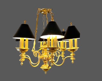 18 Light Chandelier French Country Bouillotte Brass With Ebony Tole Shades *Shipping is NOT free. Ask us for cost to ship.*