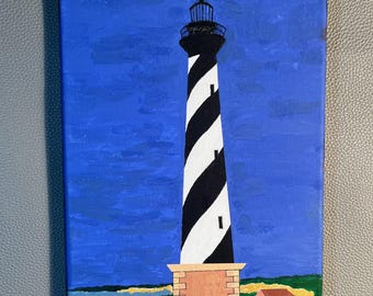 Cape Hatteras Lighthouse Original Acrylic Painting Buxton, North Carolina 8x10 Stretched Canvas, Signed C.Gilliam