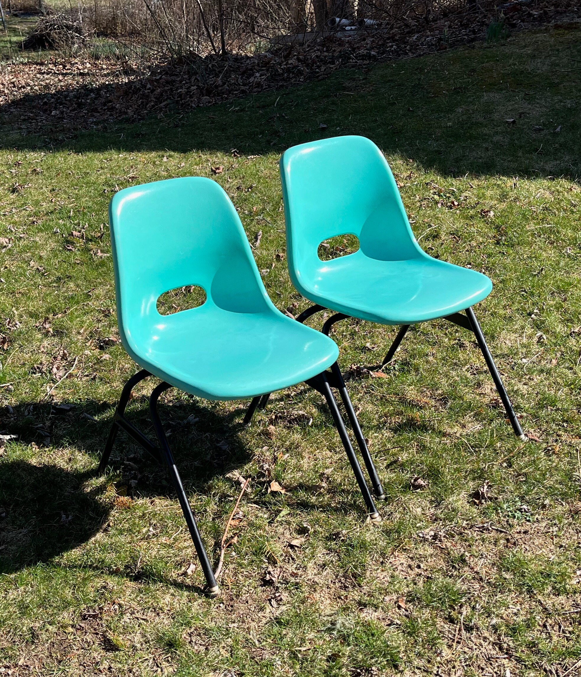 Pair 1950s Turquoise Fiberglass Chairs Metal Legs Eames Era Etsy