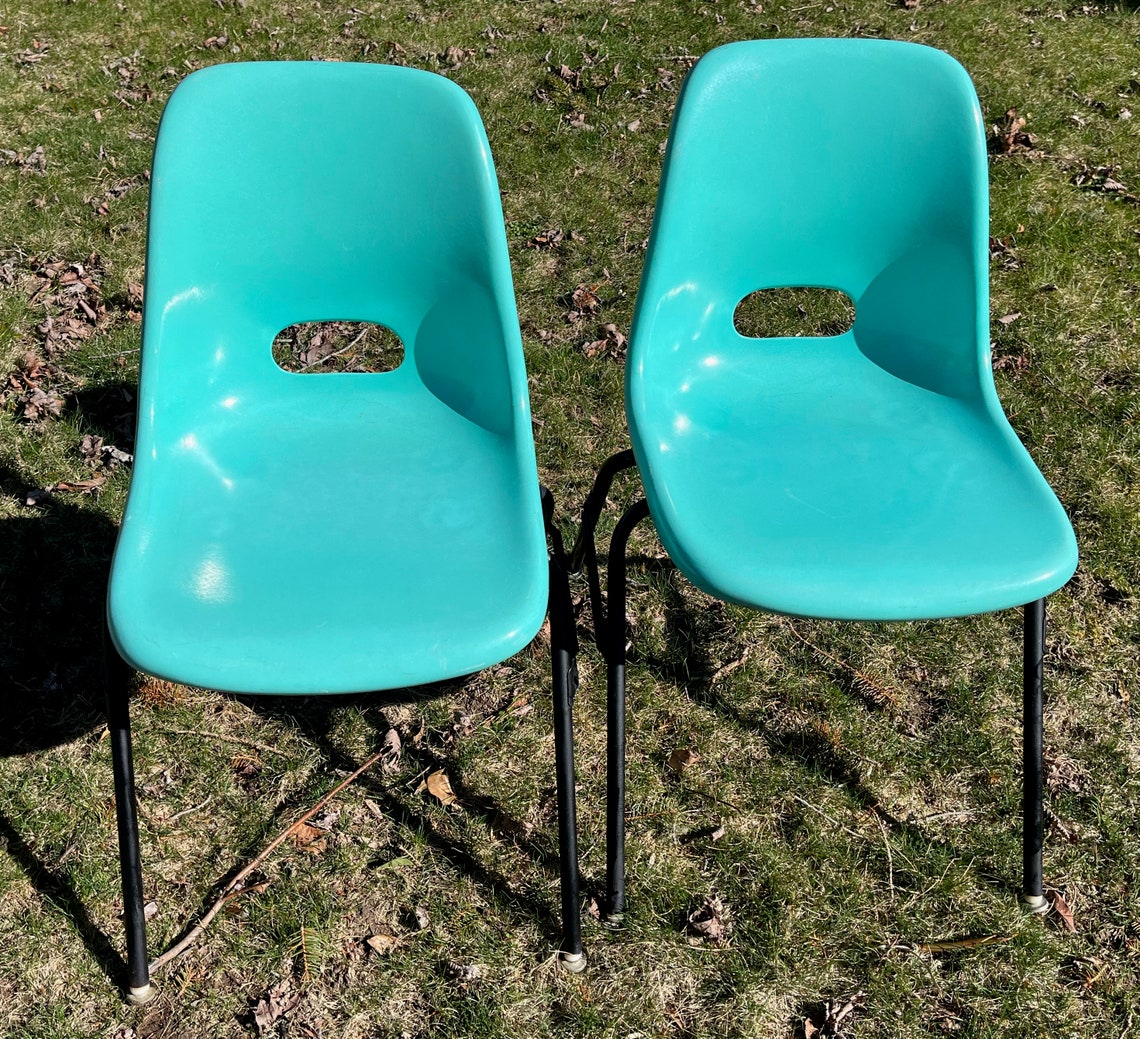 Pair 1950s Turquoise Fiberglass Chairs Metal Legs Eames Era Etsy