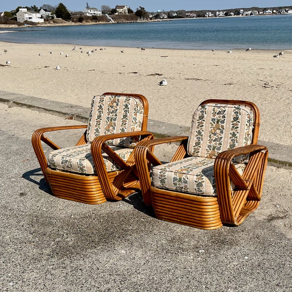 Pair Paul Frankl Godfather Pretzel Chairs 10 Strand Rattan Art Deco Boho Chic Florals -Shipping is NOT included.  Ask for a quote.