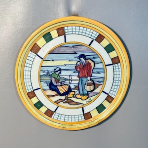 HB Quimper Folk Art Charger Plate French Farmhouse Breton Couple 1860s Early Repair