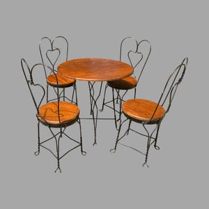 Ice Cream Parlor Adult Table & 4 Sweetheart Chairs Iron And Wood Tops 1950s *Shipping is NOT included.