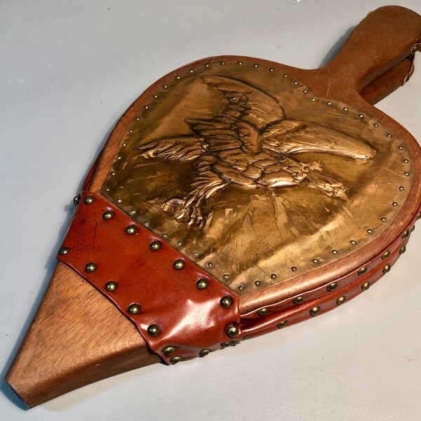 Hand Tooled Copper Fireplace Bellows w/Repousse Eagle Mahogany & Leather c1950