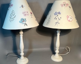 Pair Cottage-Chic Lamps White Wood With Hand Applied Wildflowers On Shades *Ask for cost to ship at lower UPS rate.*