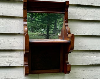 Arts & Crafts Wall Mirror Shelf Burled Walnut Star Carving c1890 Dressing Shave Bathroom *Shipping is NOT included. Ask for a quote.