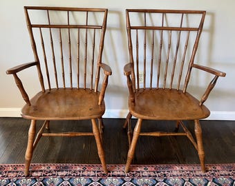 Pair Ethan Allen Birdcage Arm Chairs Cherry Wood Windsors *Shipping is NOT free. Ask for ship cost.*