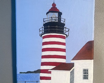 Quoddy Head Lighthouse Original Acrylic Painting Lubec, Maine. 8x10 Stretched Canvas. Signed C.Gilliam