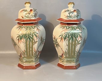 Pair Meiji Reproduction Satsuma 15" Vases With Lids. Bamboo & Bird Designs *Shipping NOT included. Ask for cost to ship.*