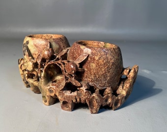 Hand Carved Brush Pots Soapstone 1920 Chinese Vintage Sculpture