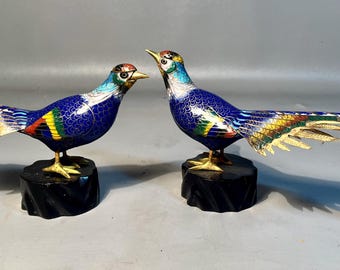Pair Cloisonne Pheasants Large Chinese Sculpted Gilt Birds Qing Dynasty