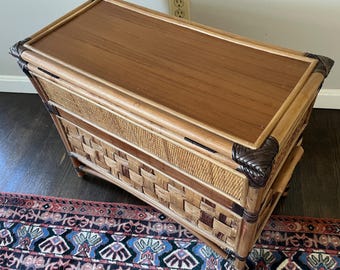 Burnt Bamboo Trunk Chest Rattan, Teak Wood Jacques Adnet Style *Shipping is NOT free. Ask for ship cost.*