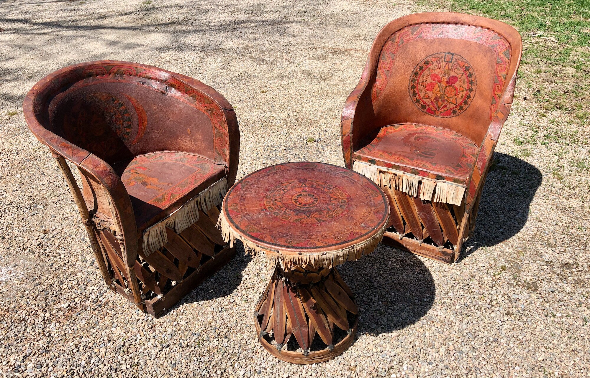 Set Of Mexican Equipale Barrel Chairs & Table Painted Aztec Etsy