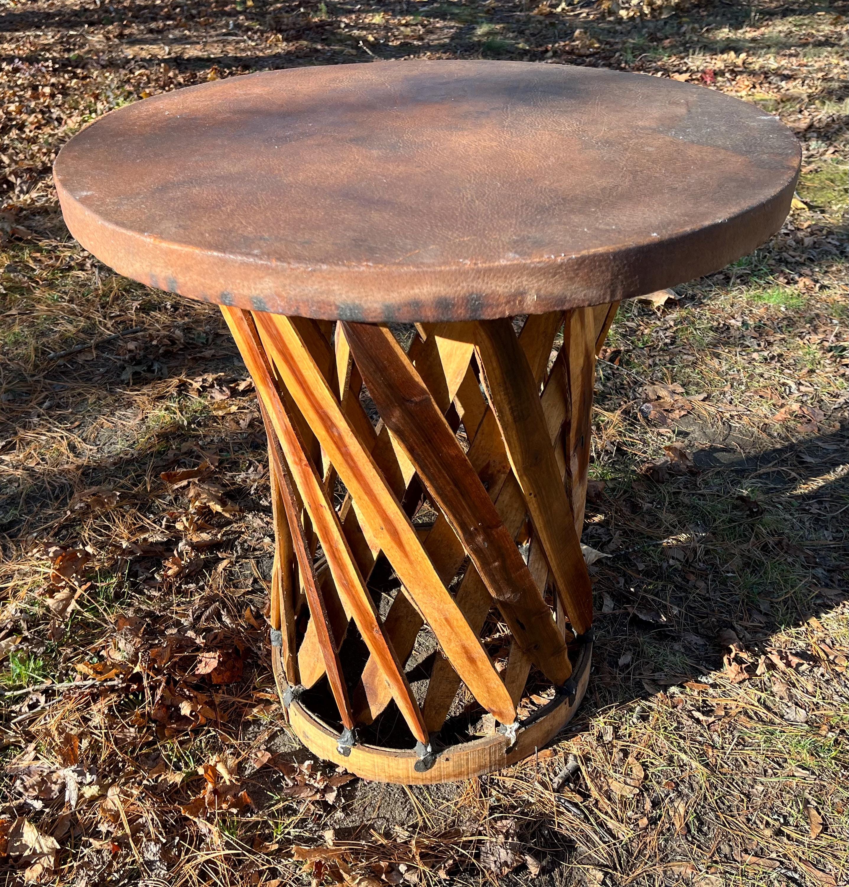Equipale Mexico Side Table Leather Top Cedar Wood Strip Base 1950s