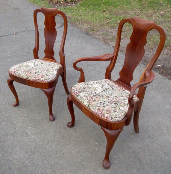 2 Ethan Allen Queen Anne Chairs W Tapestry Upholstered Compass Etsy