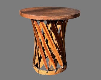 Equipale Mexico Side Table Leather Top Cedar Wood Strip Base 1950s Aztec Handmade Folk Art *Shipping is NOT included.