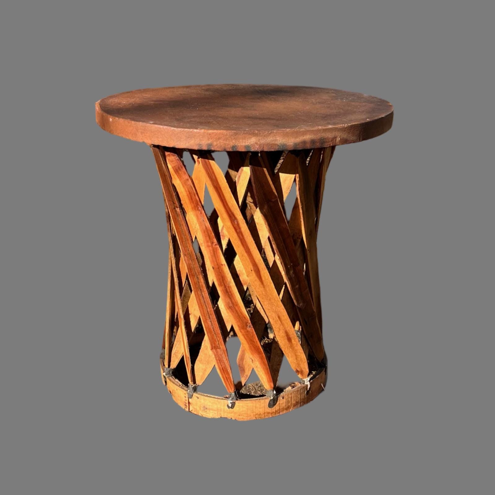 Equipale Mexico Side Table Leather Top Cedar Wood Strip Base 1950s