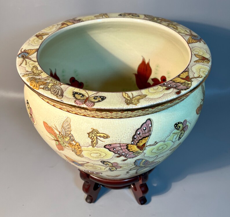 Chinese Satsuma Lg Planter Fish Bowl & Stand Painted With Etsy