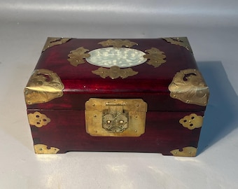 Rosewood Jewelry Box Brass Mounts Shanghai China Silk Brocade Lined