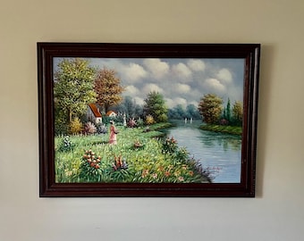 Oil Painting 41x30 Landscape River & Cottage In Frame Signed Hodges On Stretched Canvas *Shipping is NOT free. Ask for cost to ship.*