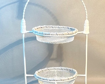 Vintage 2 Tier Fruit Basket Stand Iron With Removable Metal Mesh Baskets