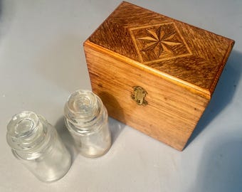 Miniature Apothecary Tiger Oak With 2 W.T.&Co.Medicine Bottles 1800s