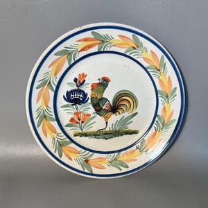 1920s Quimper Soup Bowl Rooster With Floral Border Signed HB Henriot France