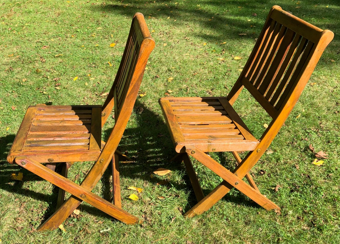 Pair Vintage Teak Folding Chairs W/14 Slats Push Button Etsy