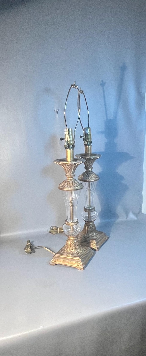 Pair Crystal Brass Lamps Berman Signed 1980s Hollywood Regency Style *Shipping is NOT included. Ask for cost to ship.*
