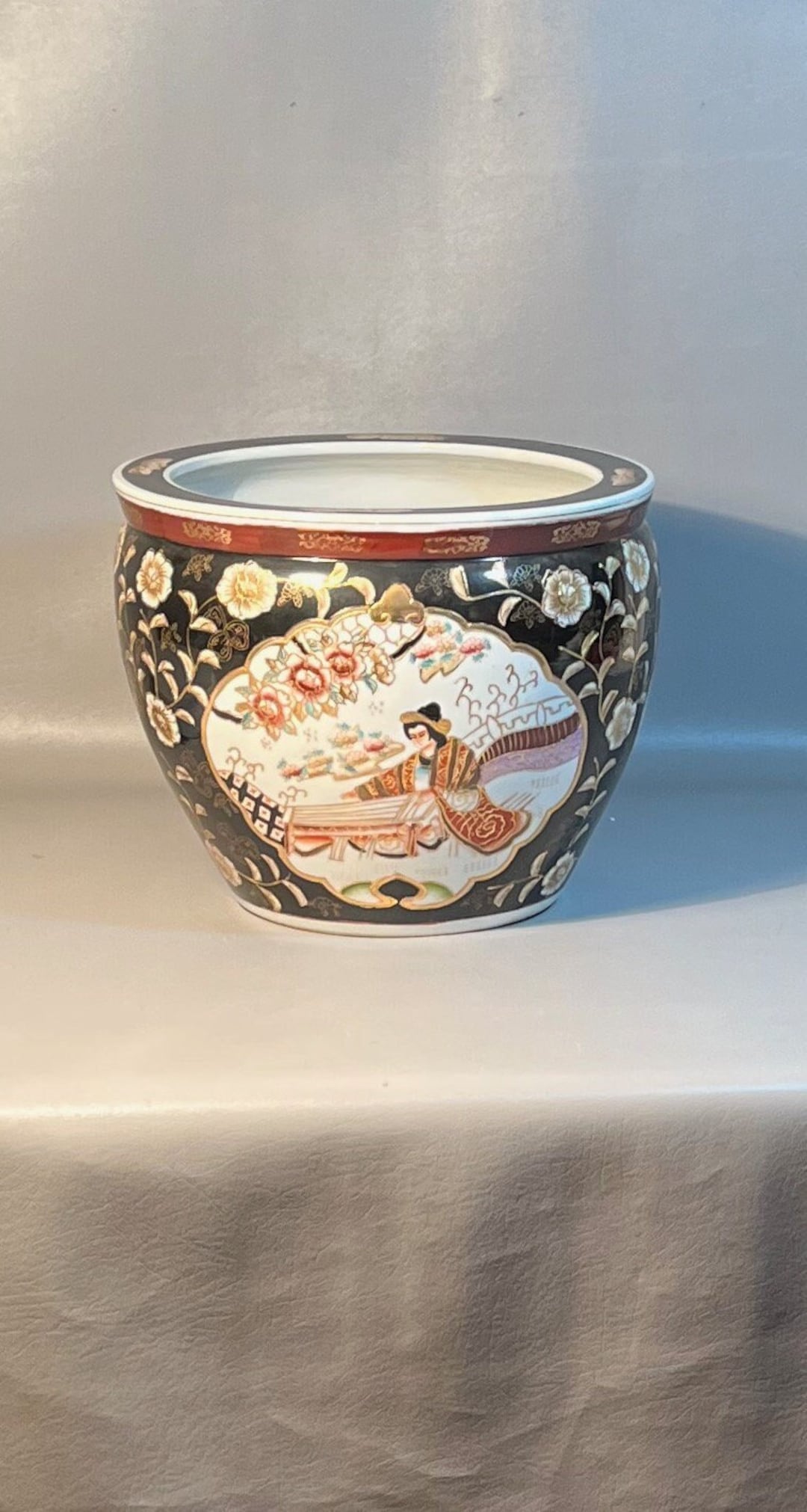 Chinese Satsuma Large 14 Planter Fish Bowl C1950 Guqui Zither Player