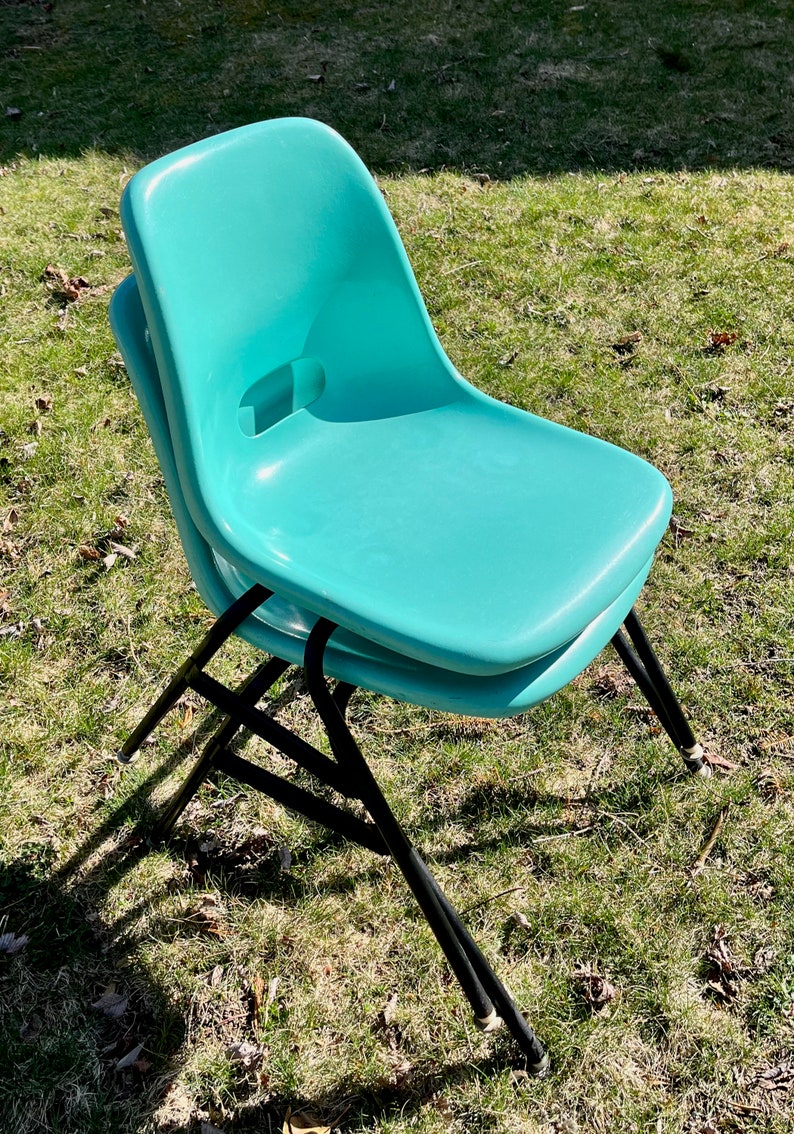 Pair 1950s Turquoise Fiberglass Chairs Metal Legs Eames Era Etsy
