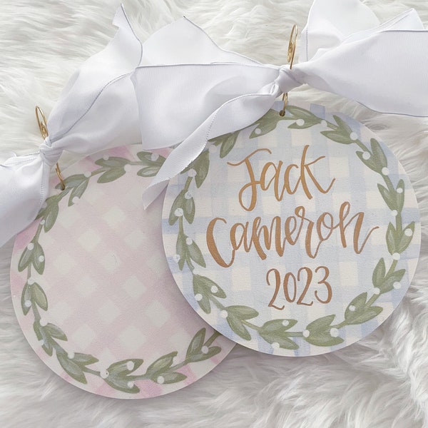 personalized pink/blue gingham wreath ornament