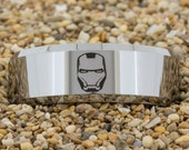 8mm Beveled Tungsten Carbide Band Iron Man Design Ring-Free Inside Engraving And Free US Shipping