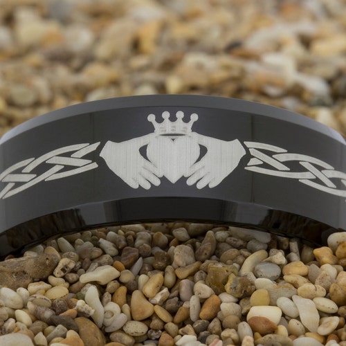 8mm Black Beveled Tungsten Carbide Band Celtic Claddagh Design Ring-Free Inside Engraving And Free US Shipping