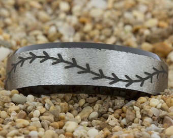 Wedding Ring 7mm Black Beveled Satin Finish Tungsten Carbide Band Baseball Stitch Design Ring-Free Inside Engraving And Free US Shipping