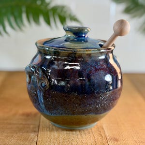 Wheel Thrown Honey Pot with Dipper, Pottery Sugar Bowl, 2.75 Cup 1786