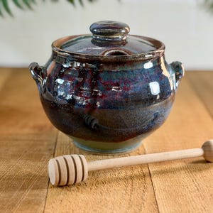 Wheel Thrown Honey Pot with Dipper, Pottery Sugar Bowl, 2.75 Cup 1785