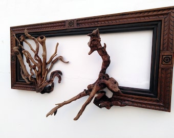 Driftwood wall art Branch frame design(The Peafowl),  Solid wallnut, oak and pine Wood, Fusion frame, tree branch art with driftwood