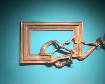 Driftwood wall art Fusion frame minimal design, Solid oak natural Wood , Fusion frame, tree branch art with driftwood, A