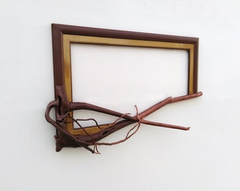 Driftwood wall art frame design, Solid natural Wood ,  Fusion frame, tree branch art with driftwood ,painted metalic brown , gold and copper