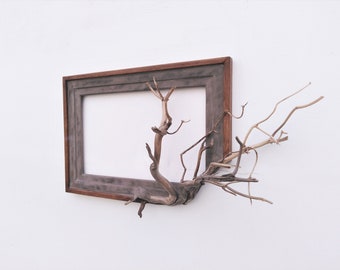 Driftwood wall art frame minimal design, Solid natural oak Wood with concrete style design,  Fusion frame , tree branch art with driftwood