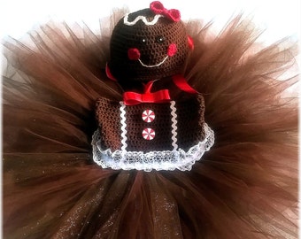 Custom Gingerbread Girl Hand Crochet Tutu Dress & Beanie Set Newborn-3T