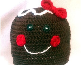 Custom Order Hand Crochet Gingerbread Girl or Boy Winter Beanie Newborn-Adult